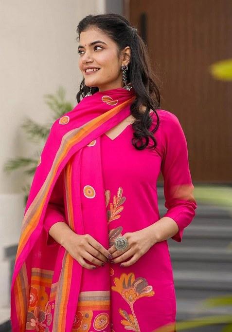 Pink Printed Silk Kurta Set
