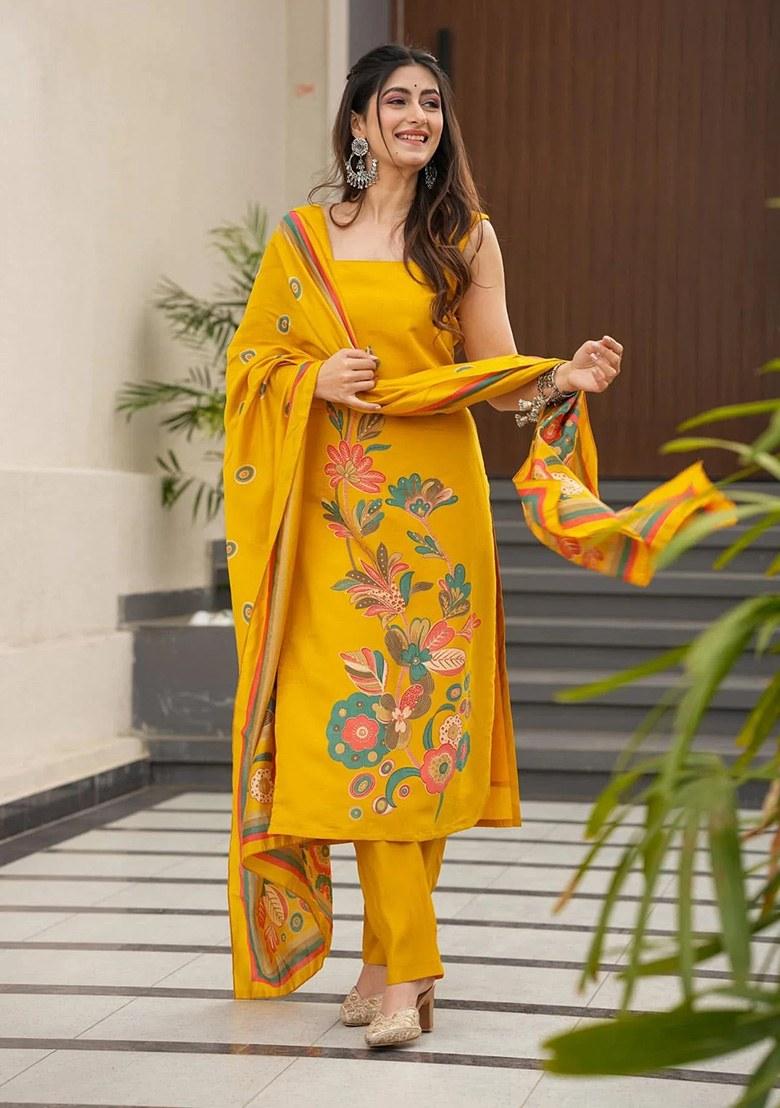 Yellow Printed Silk Kurta Set