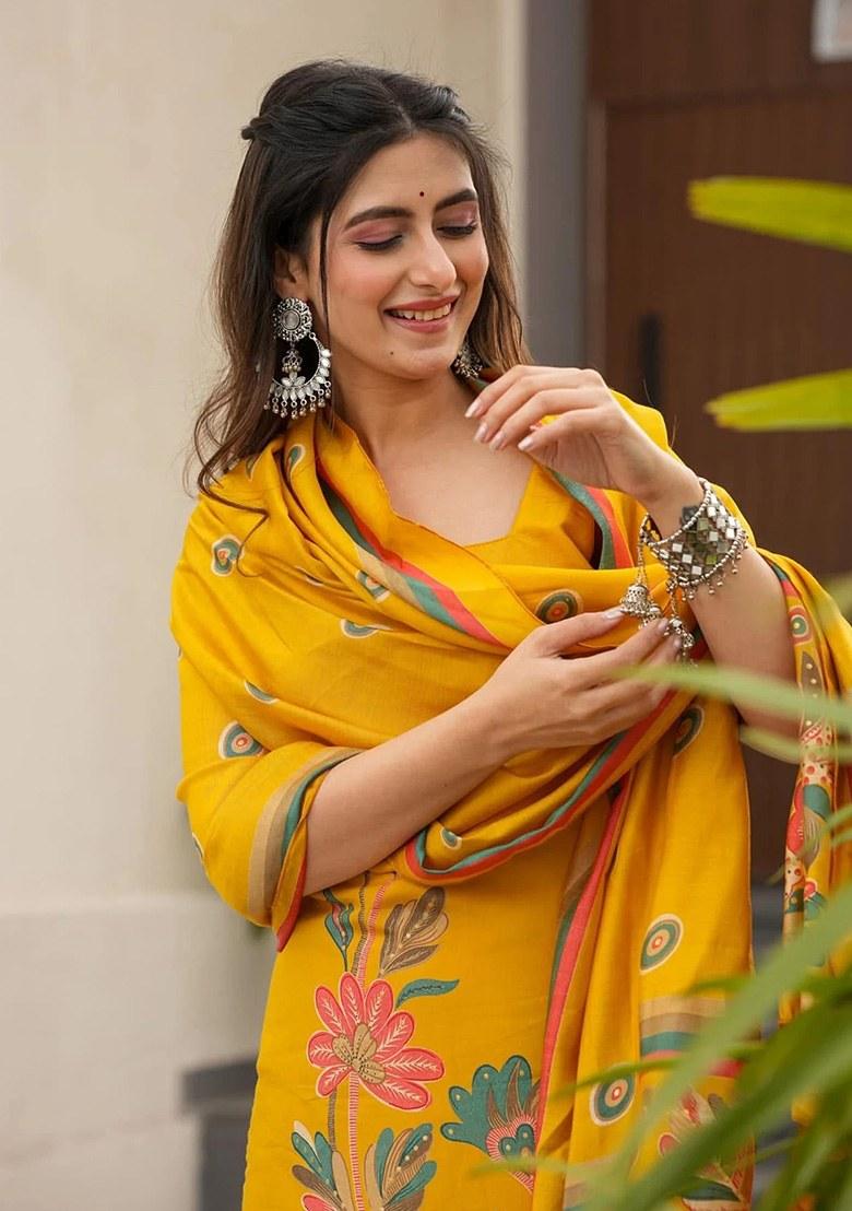 Yellow Printed Silk Kurta Set