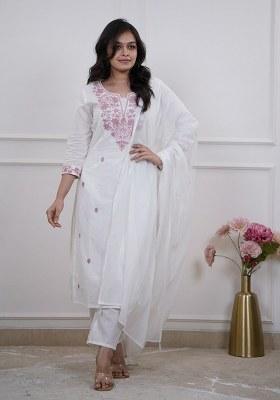 White Embroidered Blended Kurta Set