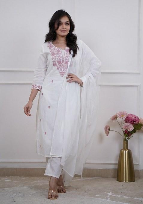 White Embroidered Blended Kurta Set