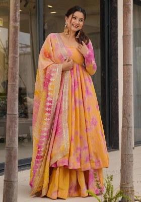 Orange Printed Chinon Kurta Set