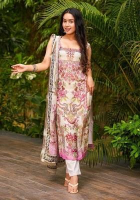Beige Printed Crepe Kurta Set