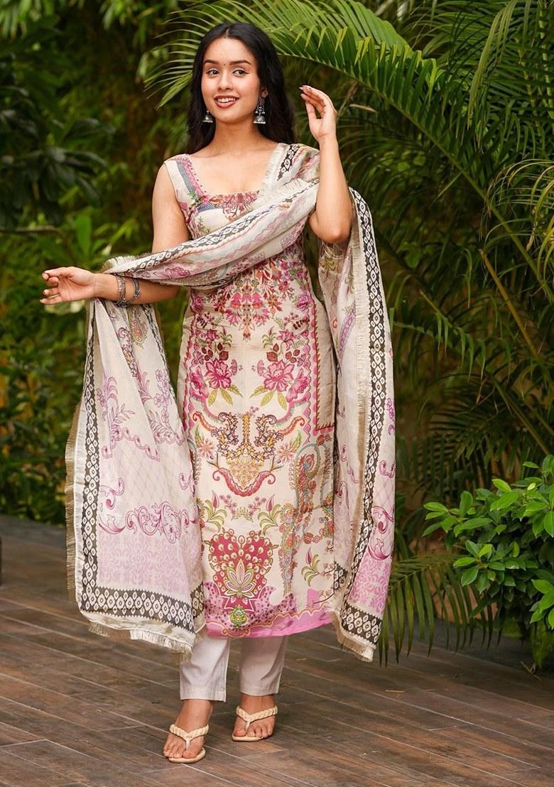 Beige Printed Crepe Kurta Set - Indya