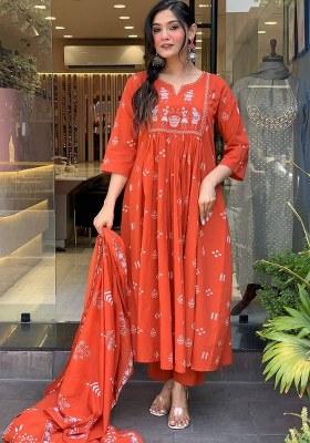 Orange Embroidered Cotton Kurta Set