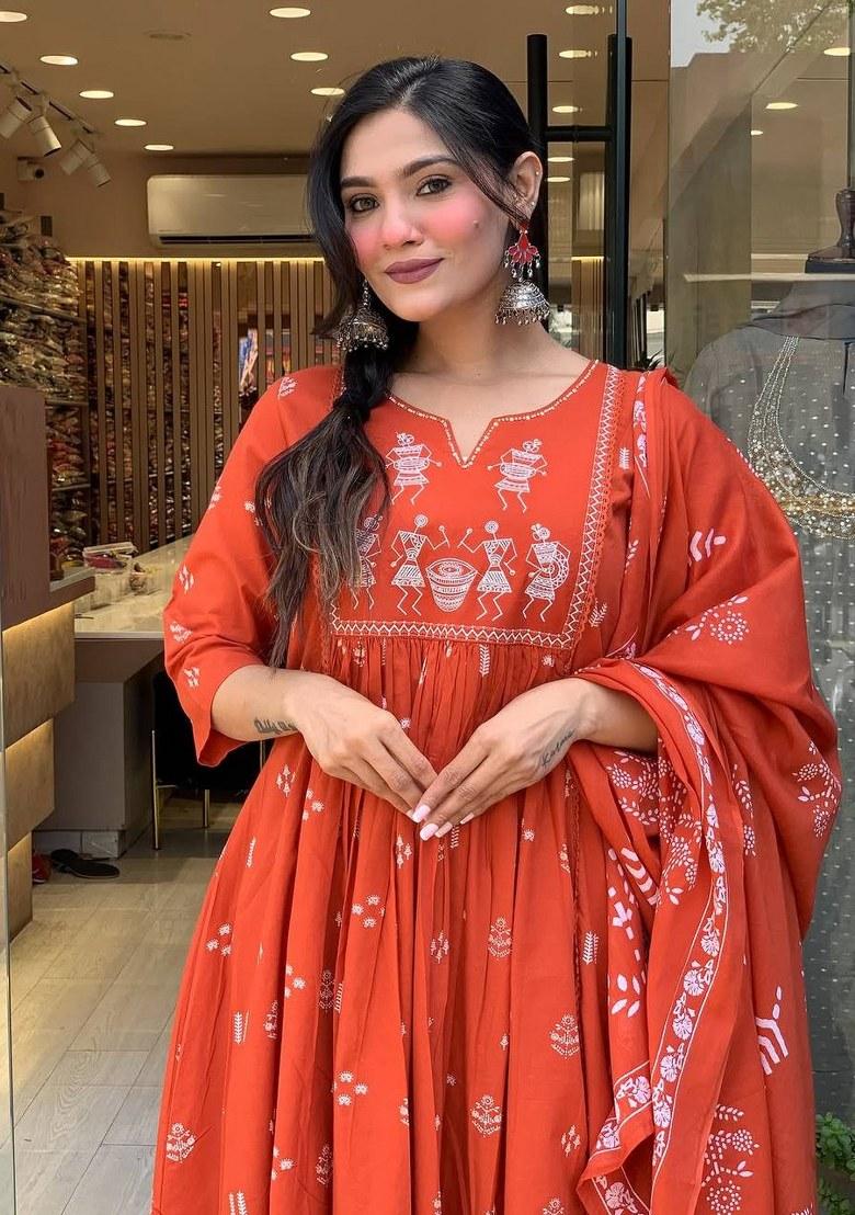 Orange Embroidered Cotton Kurta Set - Indya