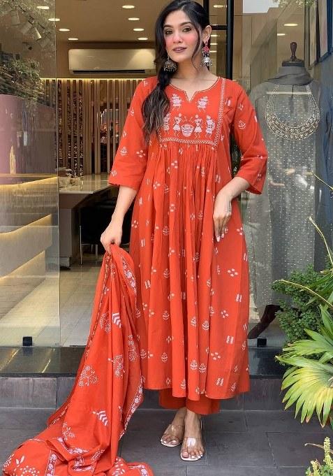 Orange Embroidered Cotton Kurta Set