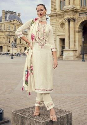 Beige Embroidered Viscose Jacquard Kurta Set