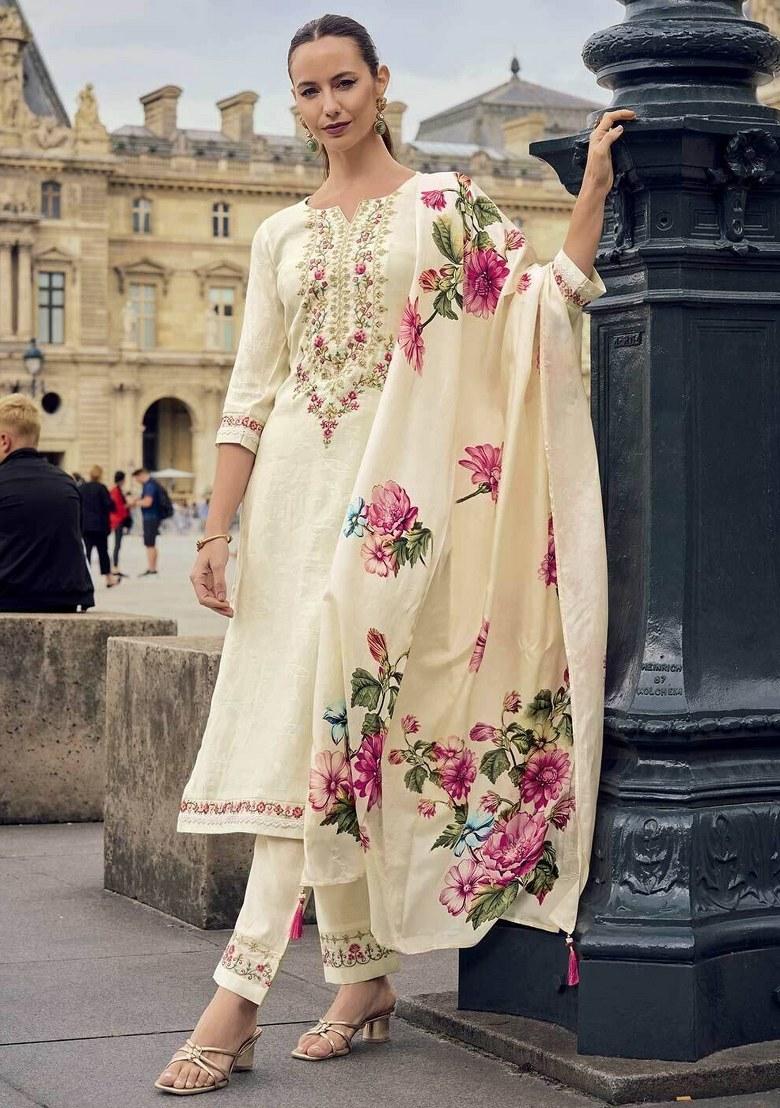 Beige Embroidered Viscose Jacquard Kurta Set - Indya