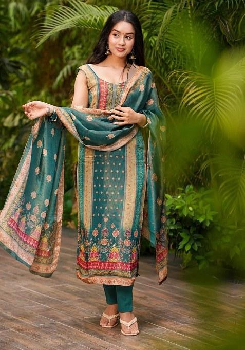 Blue Printed Silk Kurta Set