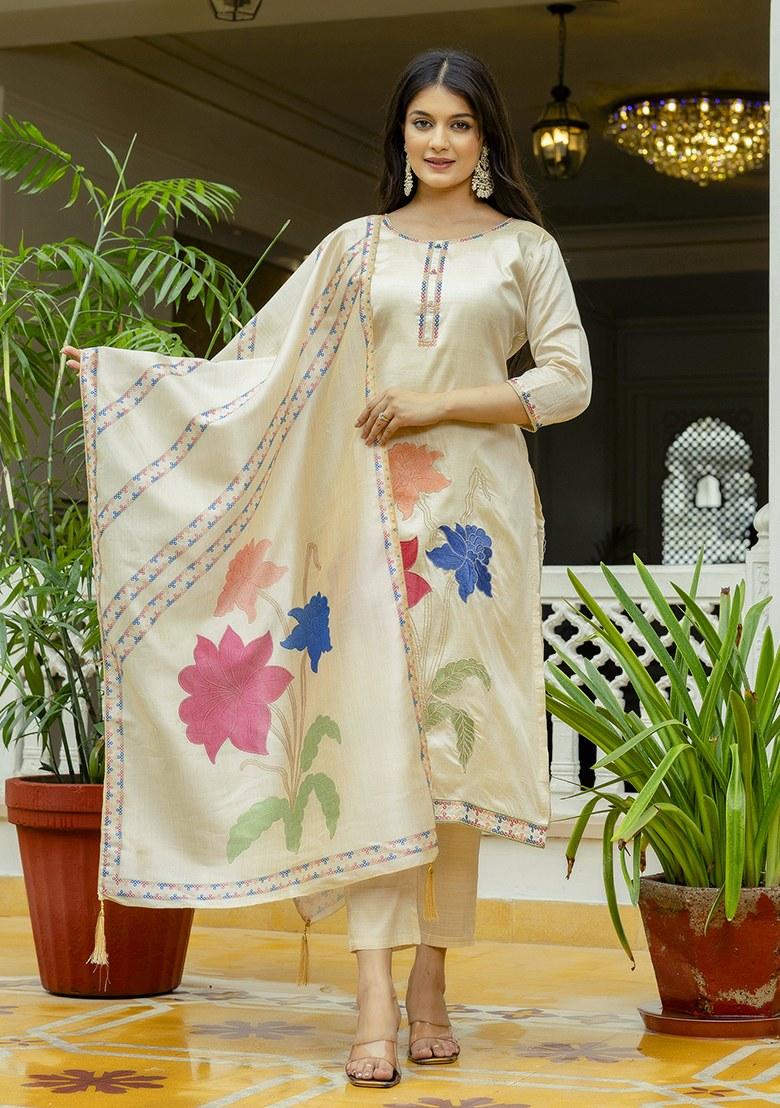 Beige Embroidered Silk Kurta Set