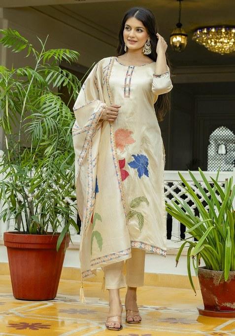 Beige Embroidered Silk Kurta Set