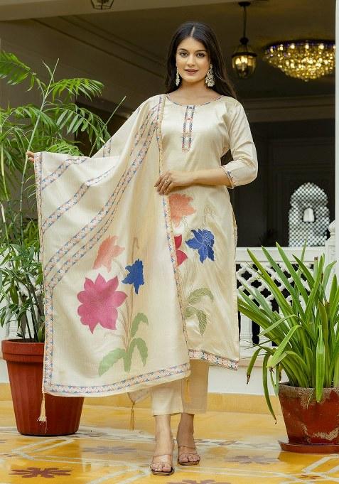 Beige Embroidered Silk Kurta Set