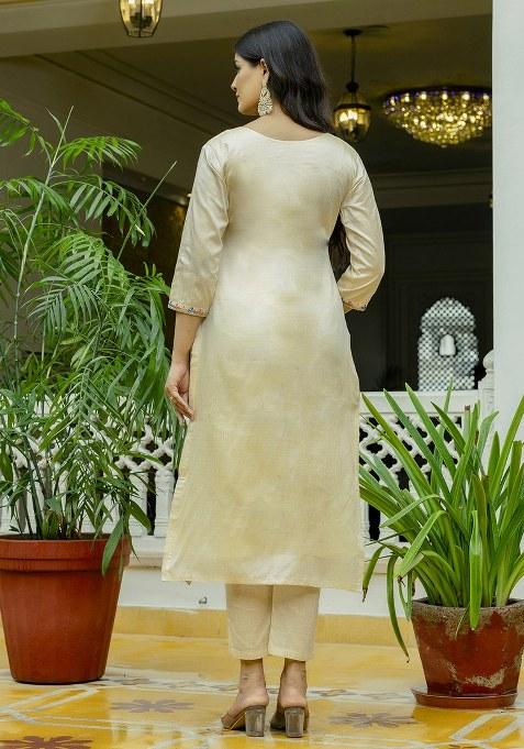 Beige Embroidered Silk Kurta Set