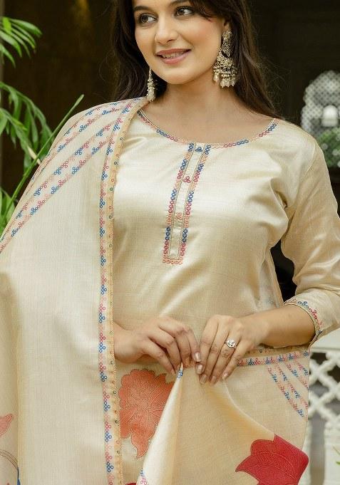 Beige Embroidered Silk Kurta Set