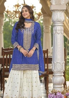 Blue Embroidered Chinon Kurta Set