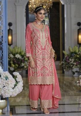 Pink Embroidered Chinon Kurta Set