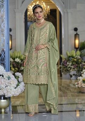 Green Embroidered Chinon Kurta Set