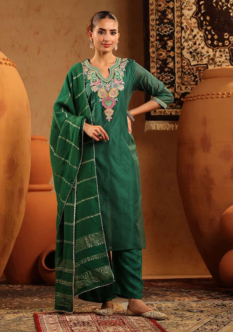 Green Embroidered Chanderi Straight Kurta Set - Indya