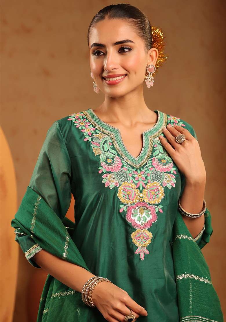 Green Embroidered Chanderi Straight Kurta Set - Indya