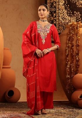 Red Embroidered Chanderi Straight Kurta Set