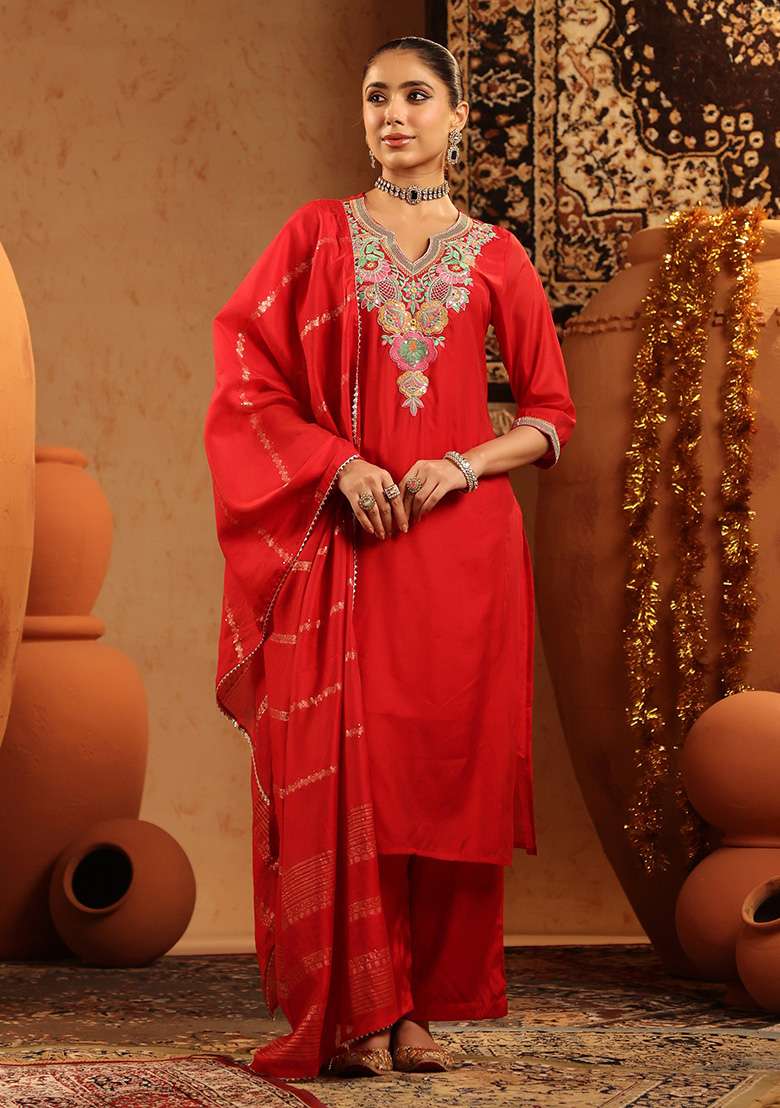 Red Embroidered Chanderi Straight Kurta Set - Indya
