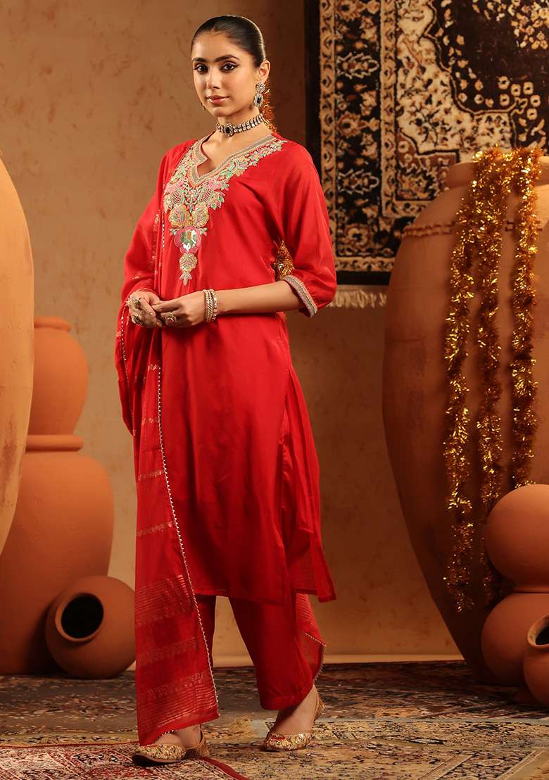Red Embroidered Chanderi Straight Kurta Set - Indya
