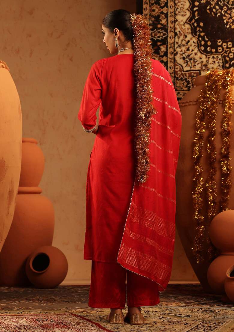 Red Embroidered Chanderi Straight Kurta Set - Indya