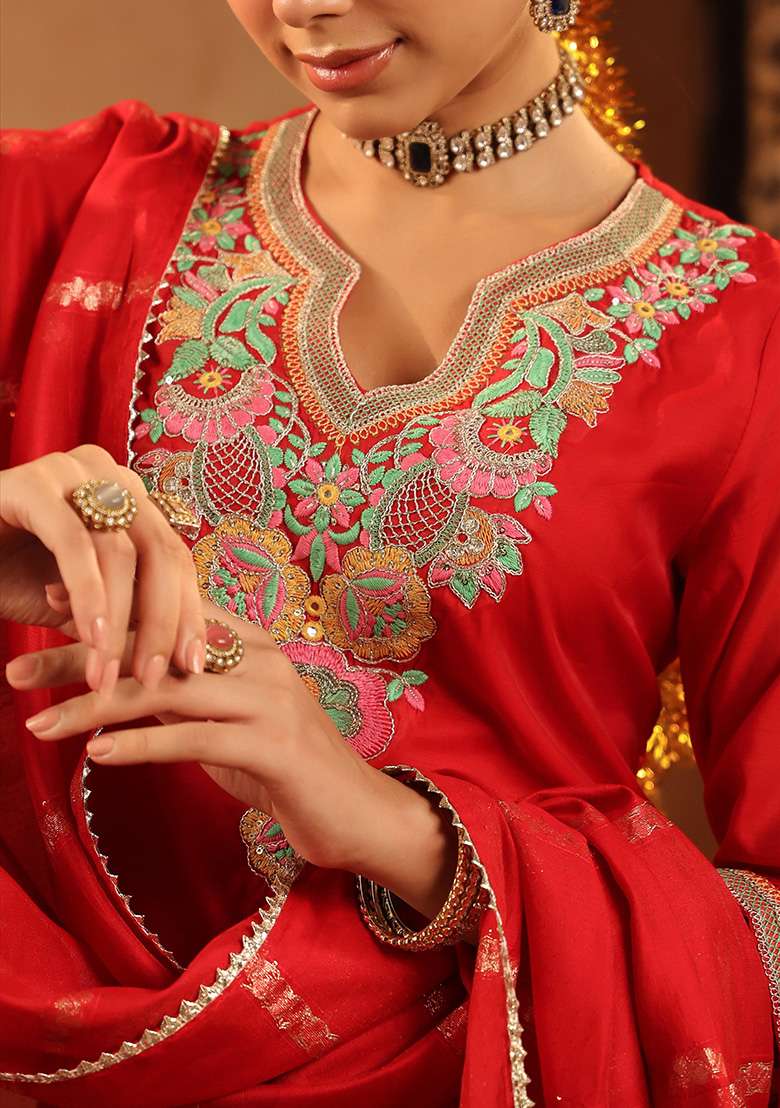 Red Embroidered Chanderi Straight Kurta Set - Indya