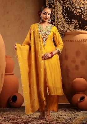 Yellow Embroidered Chanderi Straight Kurta Set