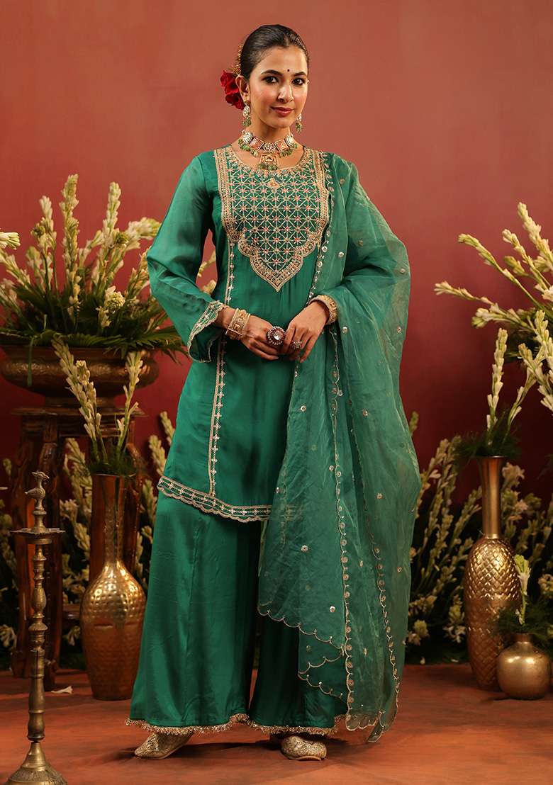 Green Embroidered Silk Sharara Set - Indya