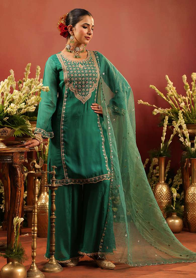 Green Embroidered Silk Sharara Set - Indya