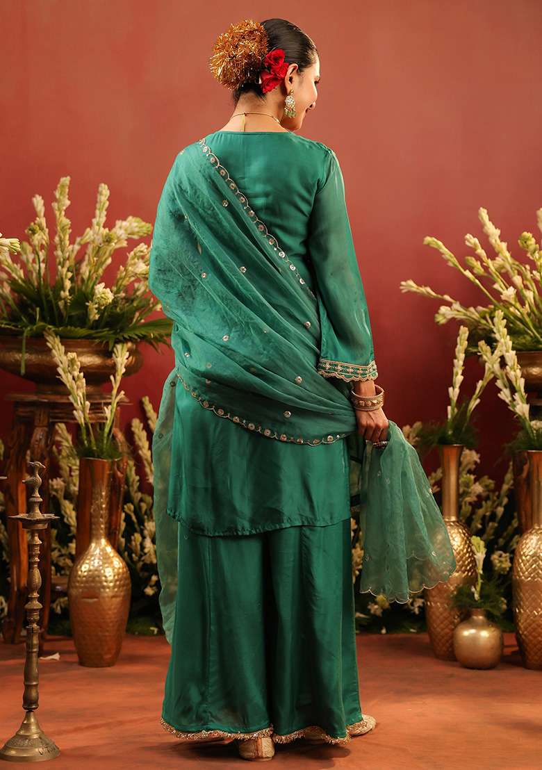 Green Embroidered Silk Sharara Set - Indya