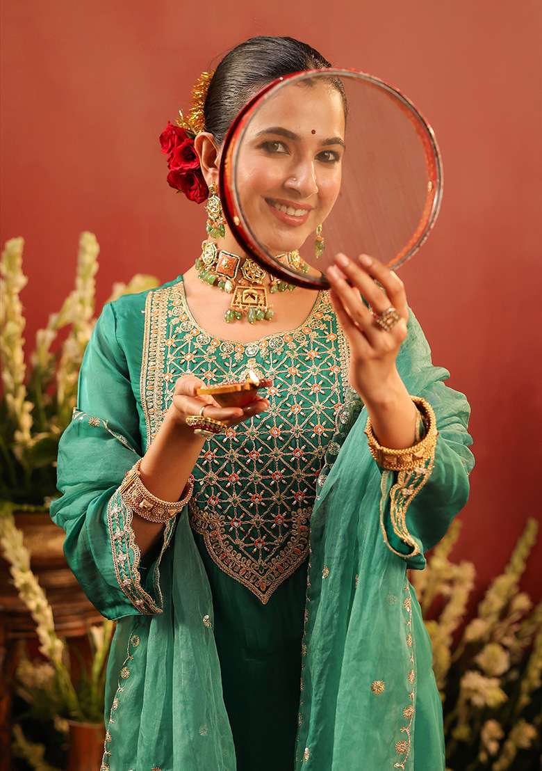 Green Embroidered Silk Sharara Set - Indya