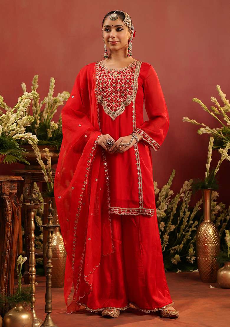 Red Embroidered Silk Sharara Set - Indya