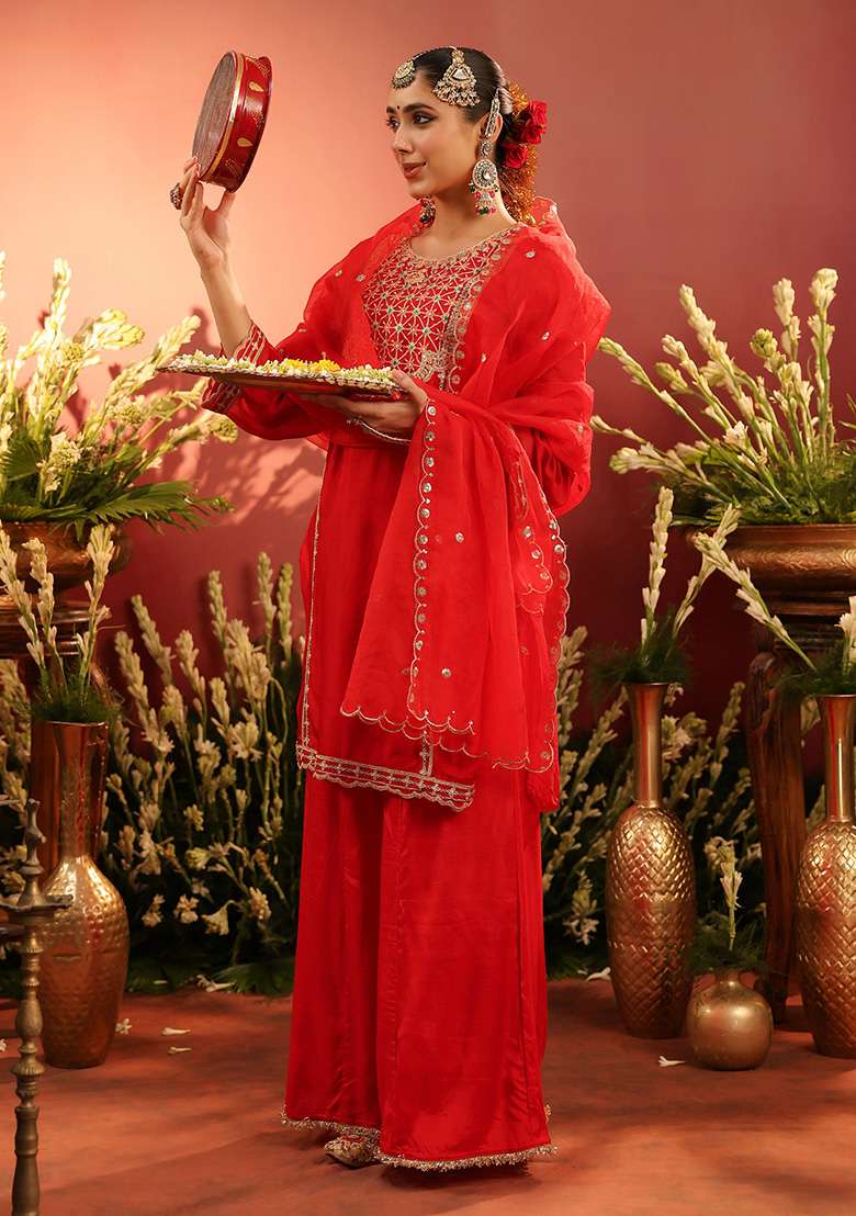 Red Embroidered Silk Sharara Set - Indya
