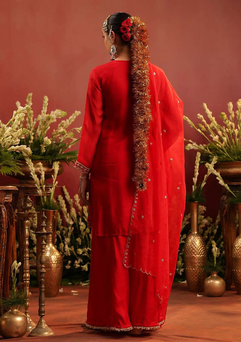 Red Embroidered Silk Sharara Set - Indya