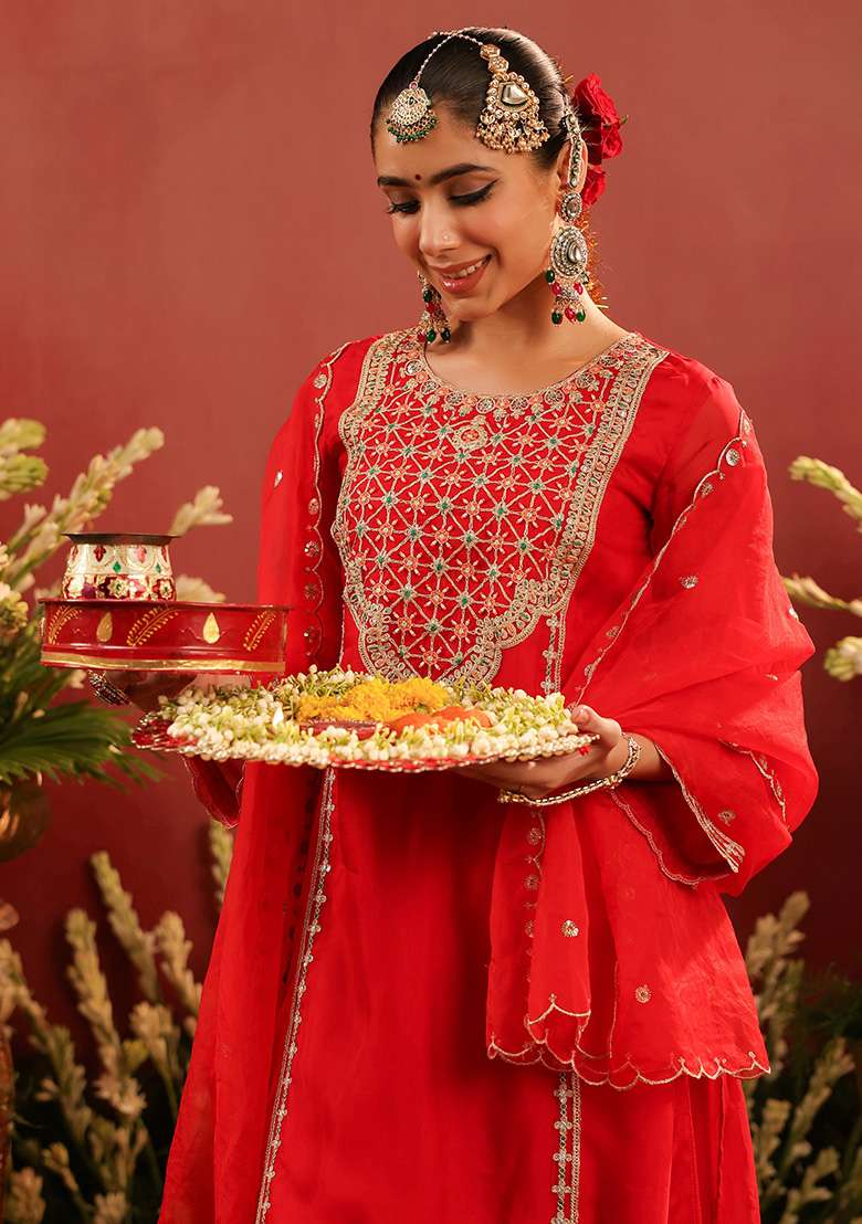 Red Embroidered Silk Sharara Set - Indya