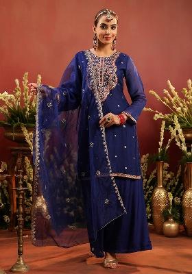 Midnight Blue Embroidered Silk Sharara Set