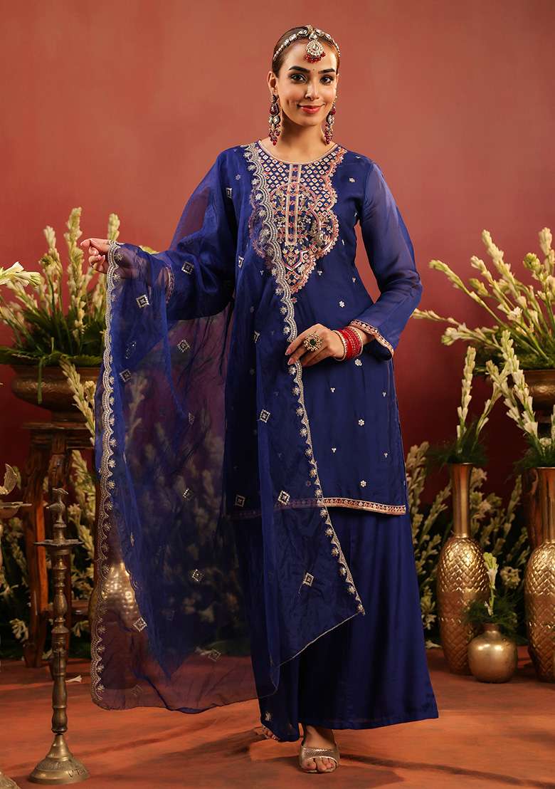 Midnight Blue Embroidered Silk Sharara Set - Indya