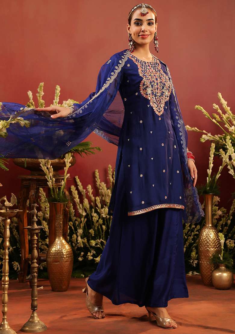 Midnight Blue Embroidered Silk Sharara Set - Indya