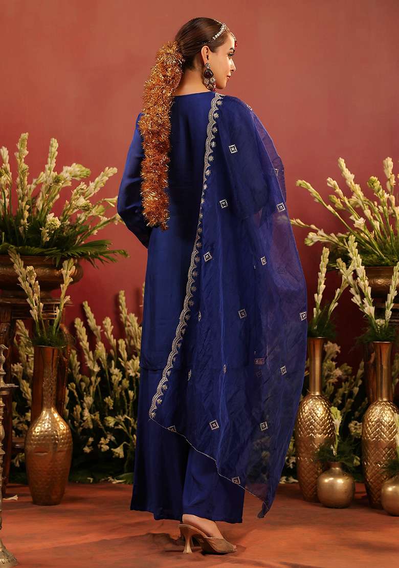 Midnight Blue Embroidered Silk Sharara Set - Indya