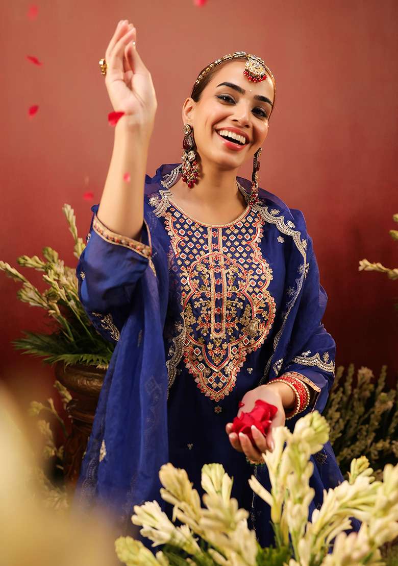 Midnight Blue Embroidered Silk Sharara Set - Indya