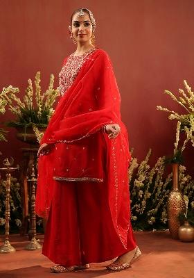 Red Embroidered Silk Sharara Set