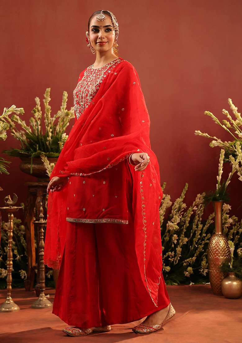 Red Embroidered Silk Sharara Set - Indya