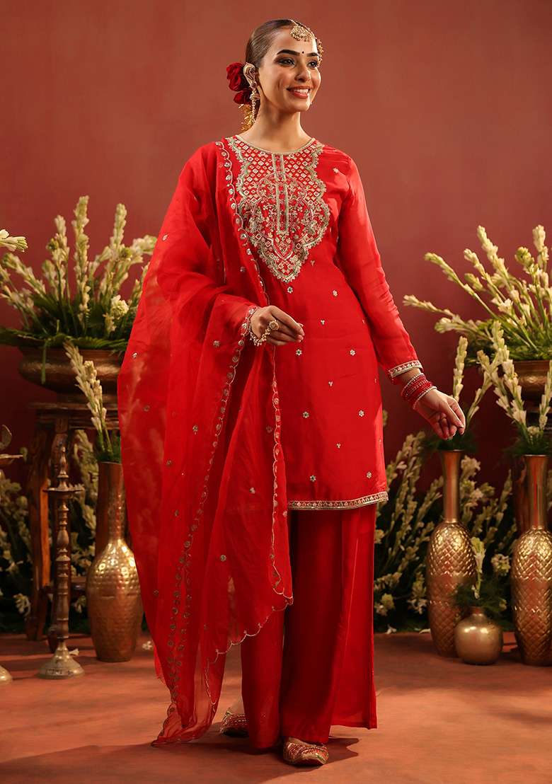 Red Embroidered Silk Sharara Set - Indya