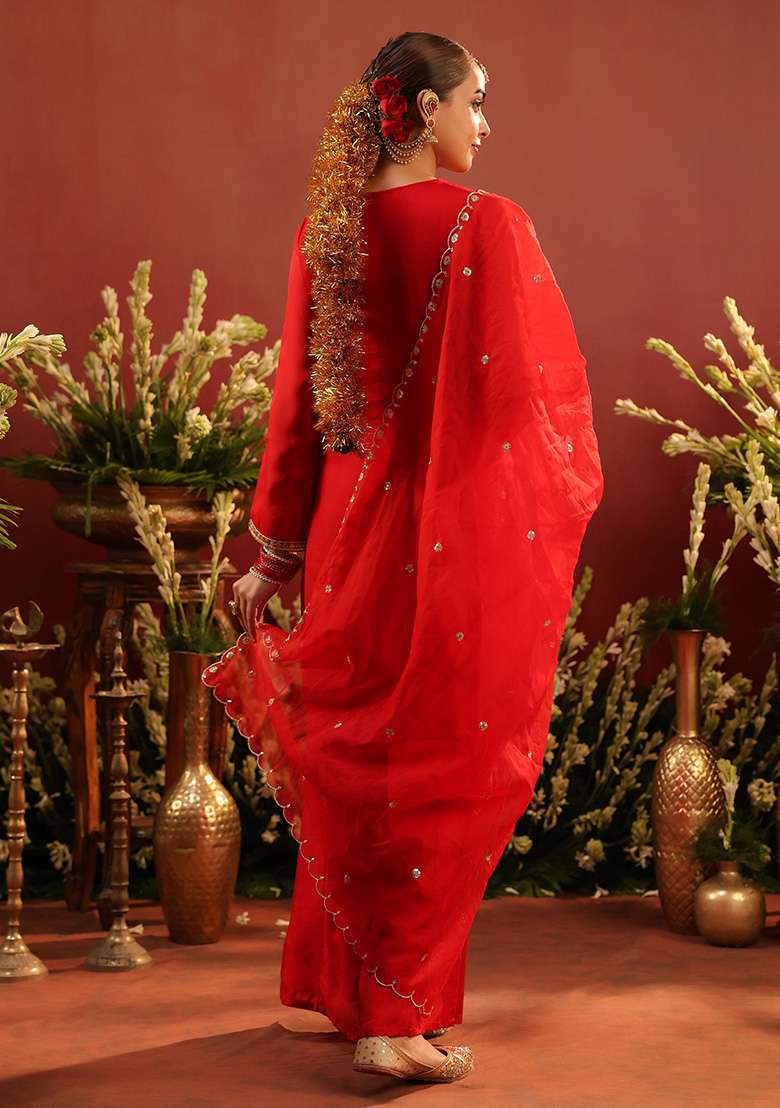 Red Embroidered Silk Sharara Set - Indya