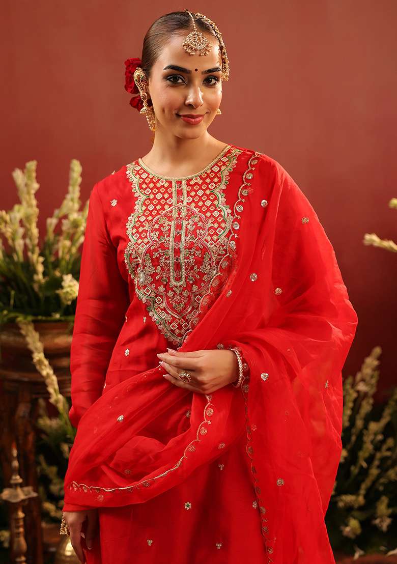 Red Embroidered Silk Sharara Set - Indya