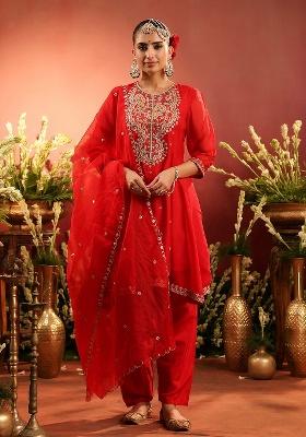 Red Embroidered Silk Anarkali With Dupatta