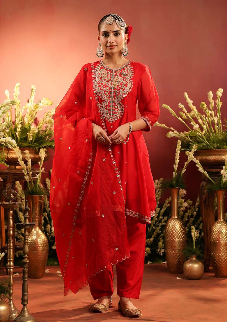 Red Embroidered Silk Blend Straight Kurta Set - Indya